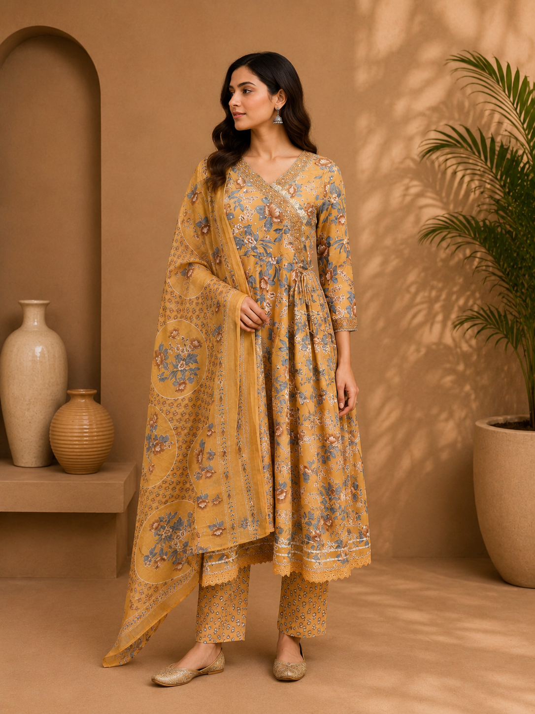 Women's Cotton Angrakha Kurta Pant Set with Dupatta & Gota Patti Work